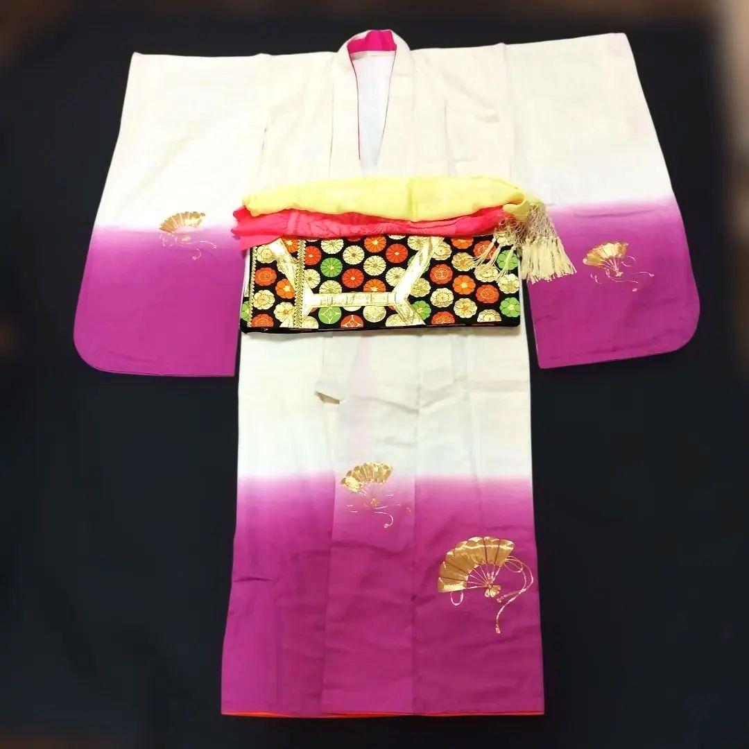 七五三　7歳　女児 華やかな扇柄の和服と帯セット　正絹　金糸