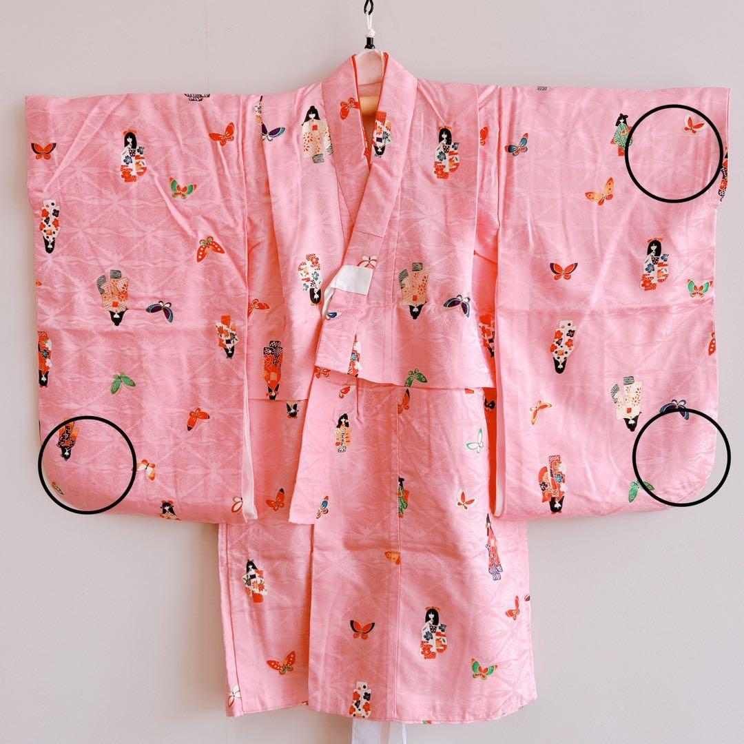 七五三　3歳女の子　長着被布セット　ピンク　巾着　地紋　鶴　金プリント　蝶