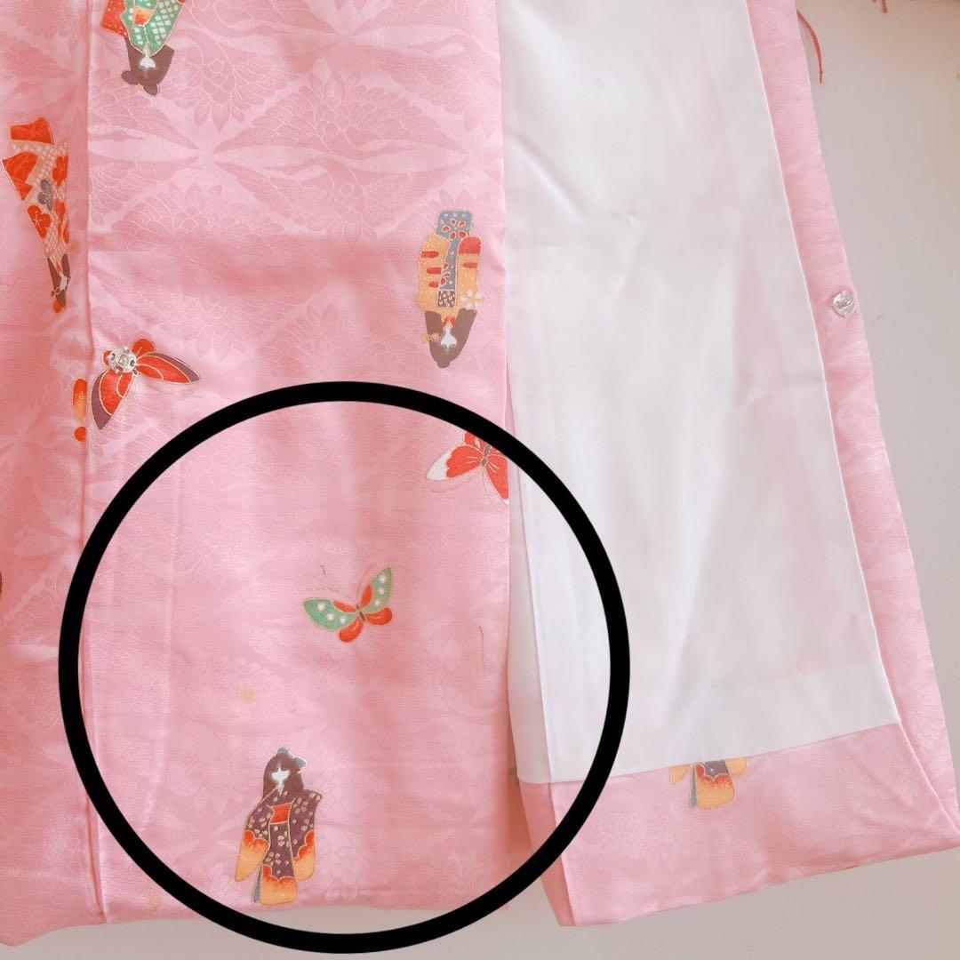 七五三　3歳女の子　長着被布セット　ピンク　巾着　地紋　鶴　金プリント　蝶