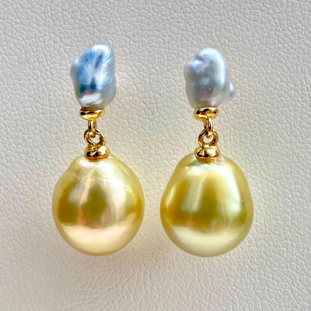 本真珠南洋白蝶真珠ピスタチオグリーンとブルー無調(ケシ)s925ピアスBL940