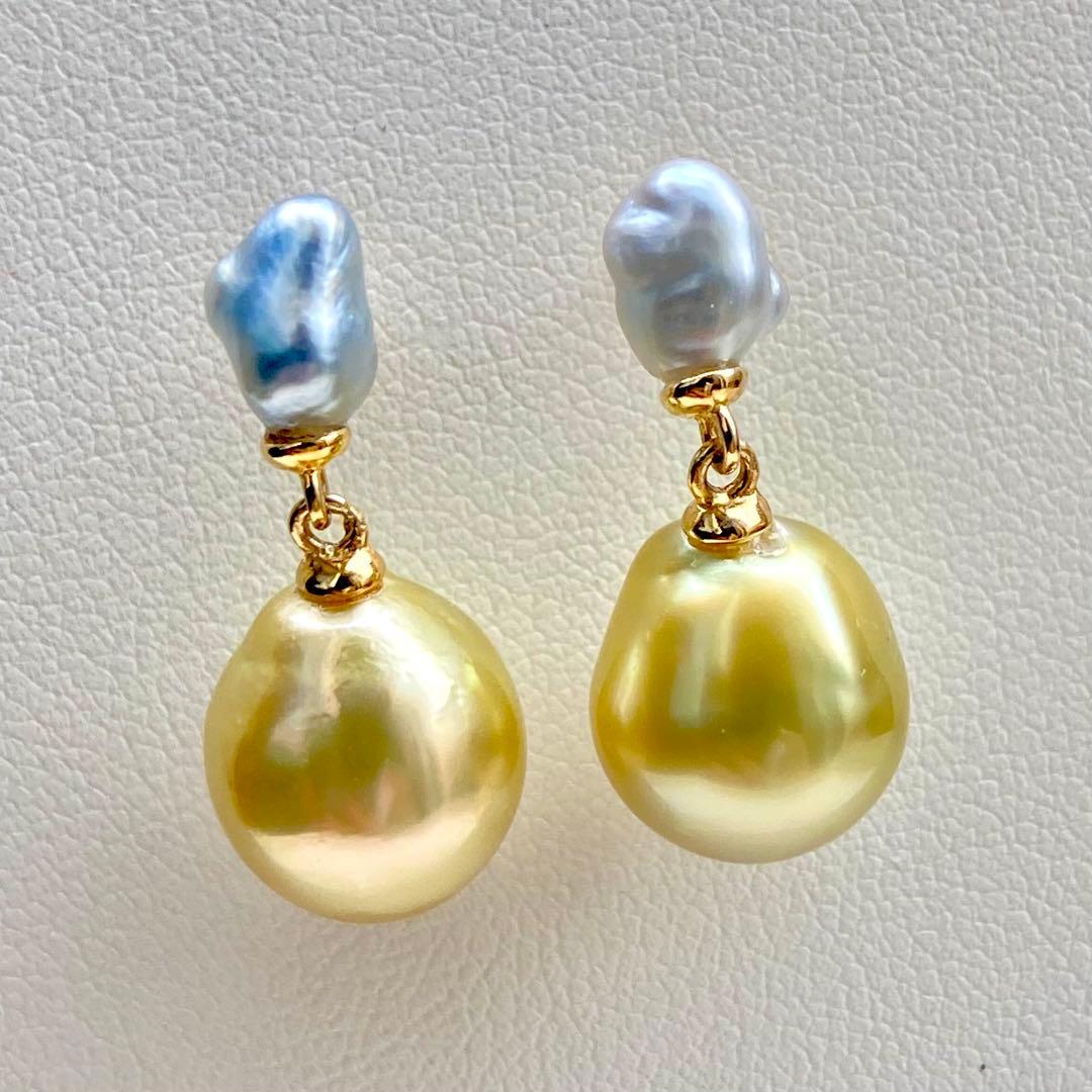 本真珠南洋白蝶真珠ピスタチオグリーンとブルー無調(ケシ)s925ピアスBL940