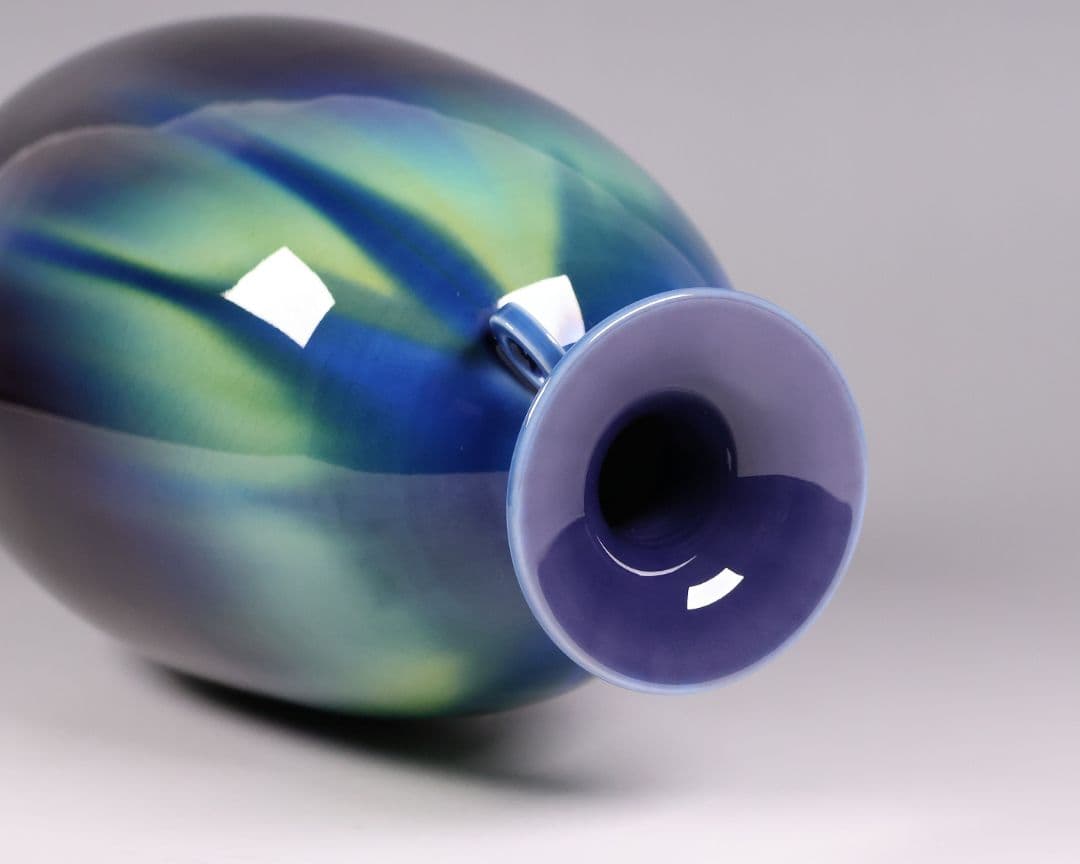 【MA935】人間国宝 三代・徳田八十吉 碧明釉 耳付 壷 花瓶 共箱 陶芸