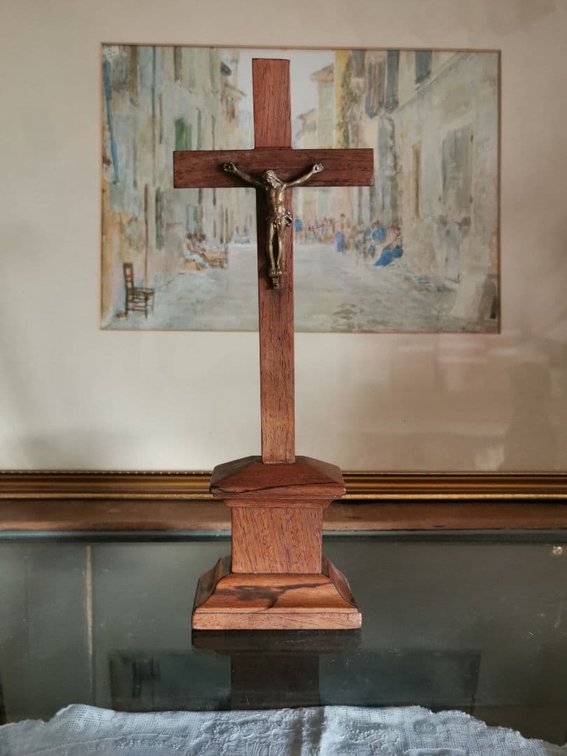 アンティークフランス/ベルギー ブロンズのキリストと十字架 杢目木製祭壇スタンド