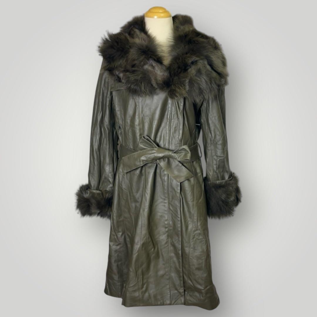 高級 モンプレジール ファー付き ラムレザー ロングコート L 本革 ライダース