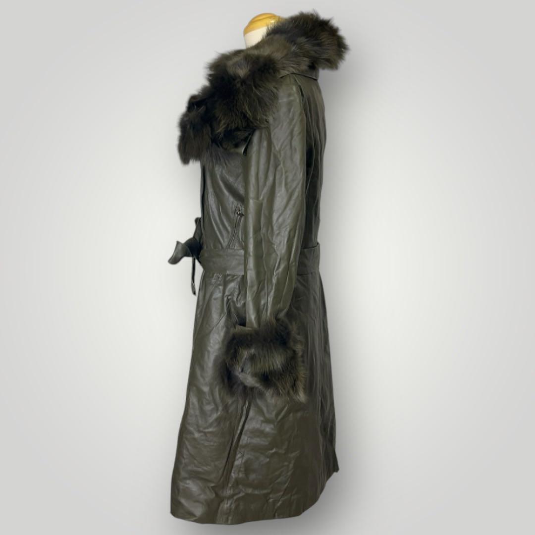 高級 モンプレジール ファー付き ラムレザー ロングコート L 本革 ライダース