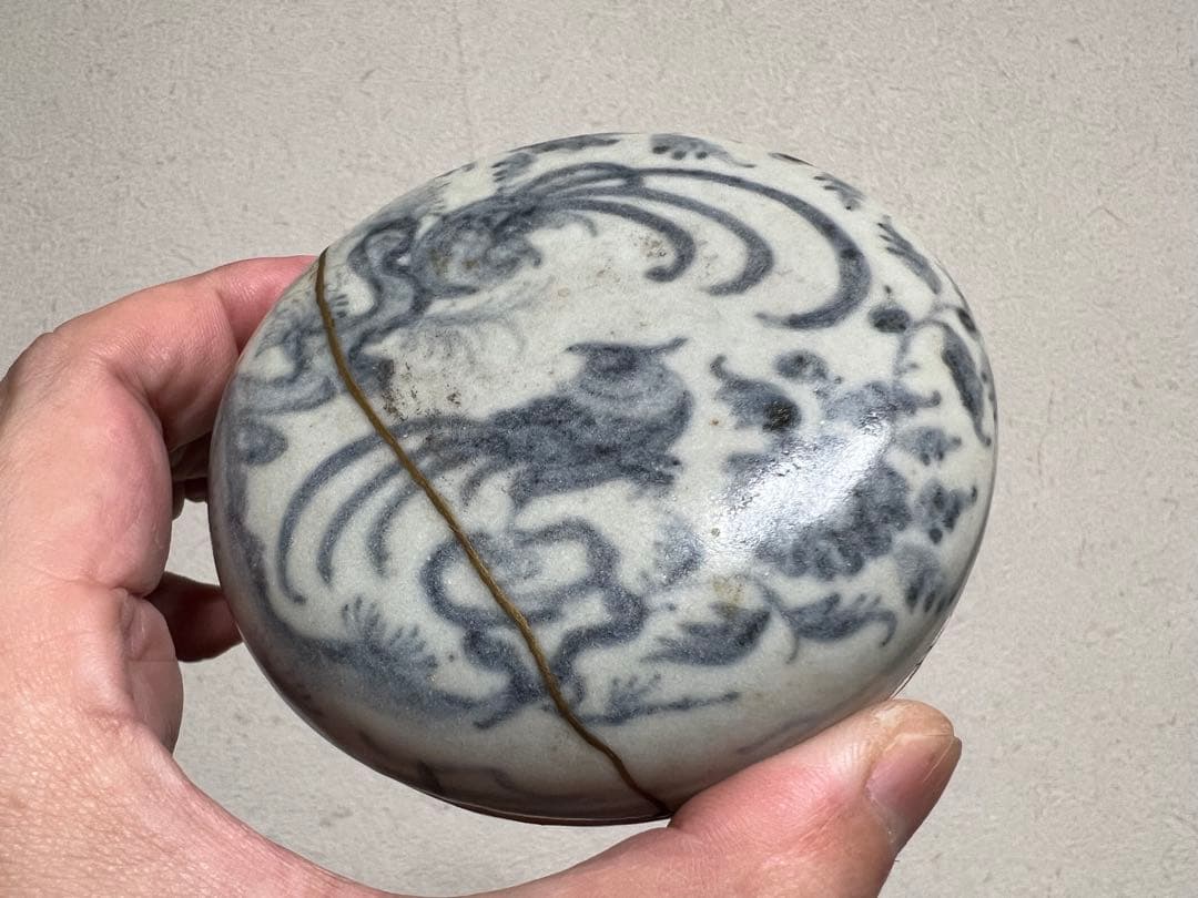 安南 染付 尾長鳥文様 吉祥紋 香合 金直し 骨董 古美術