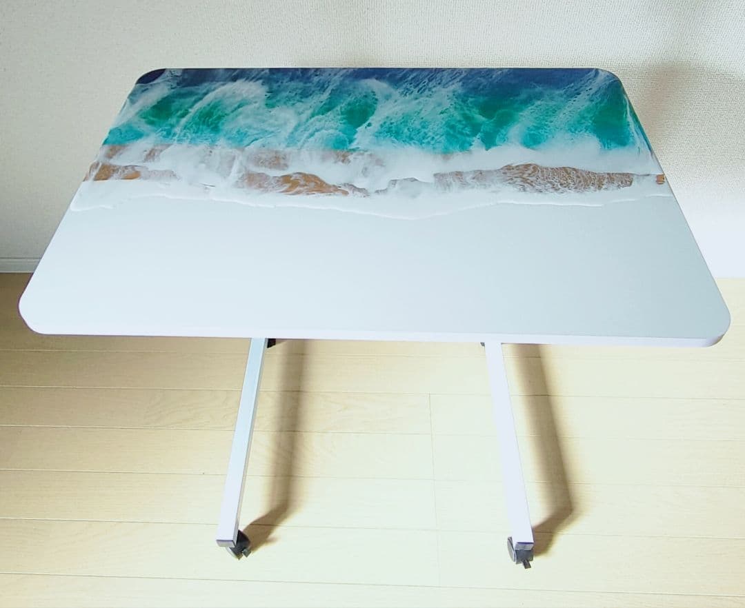 【訳あり】波デザイン昇降式テーブル　レジンテーブル　海アートテーブル