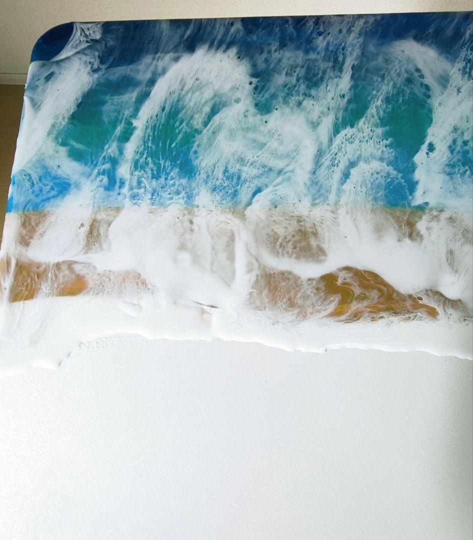 【訳あり】波デザイン昇降式テーブル　レジンテーブル　海アートテーブル