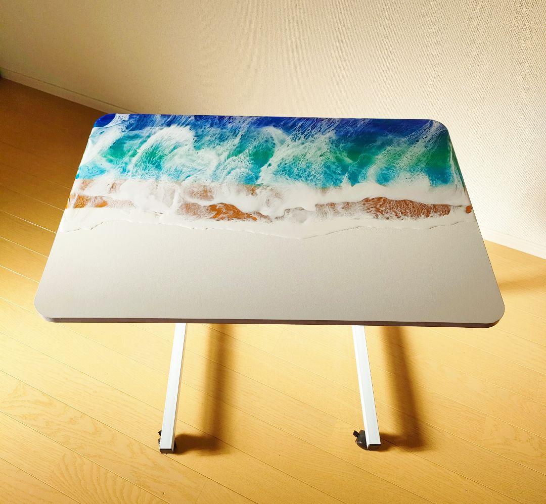 【訳あり】波デザイン昇降式テーブル　レジンテーブル　海アートテーブル