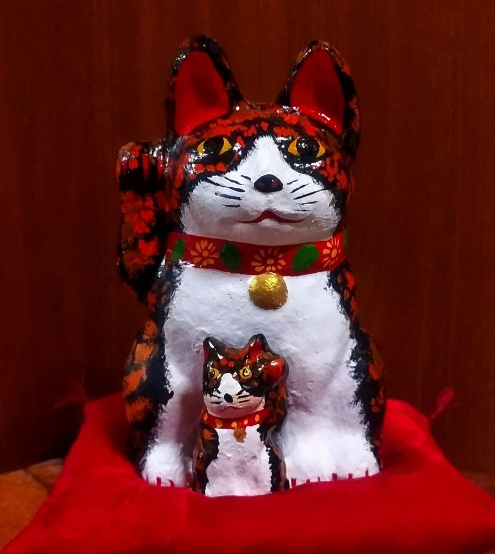 三河招き猫 親子猫 サビ猫＆クロ猫２点セット 土人形 美品