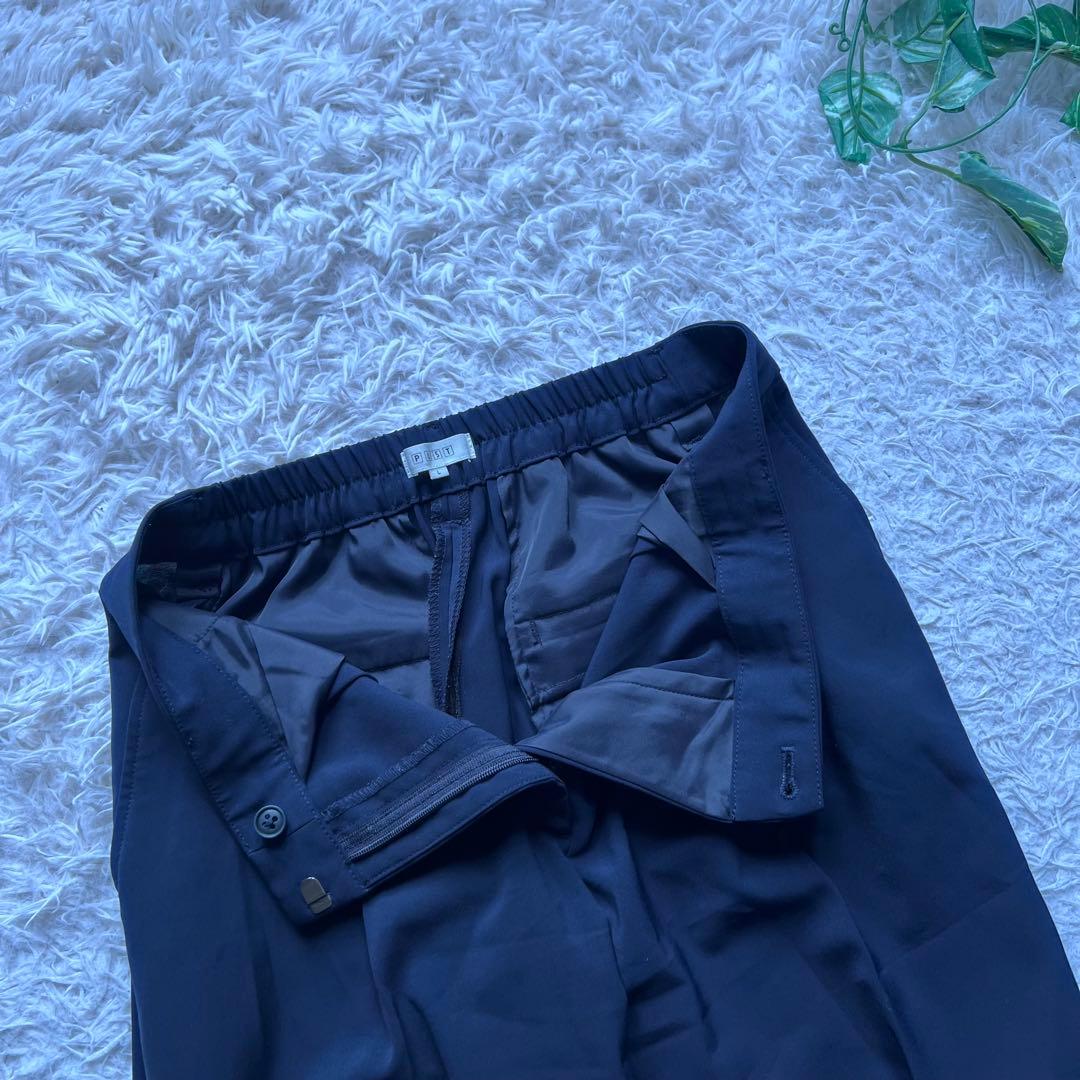 美品 PLST スーツ セットアップ ノーカラー パンツ 洗える ネイビー L