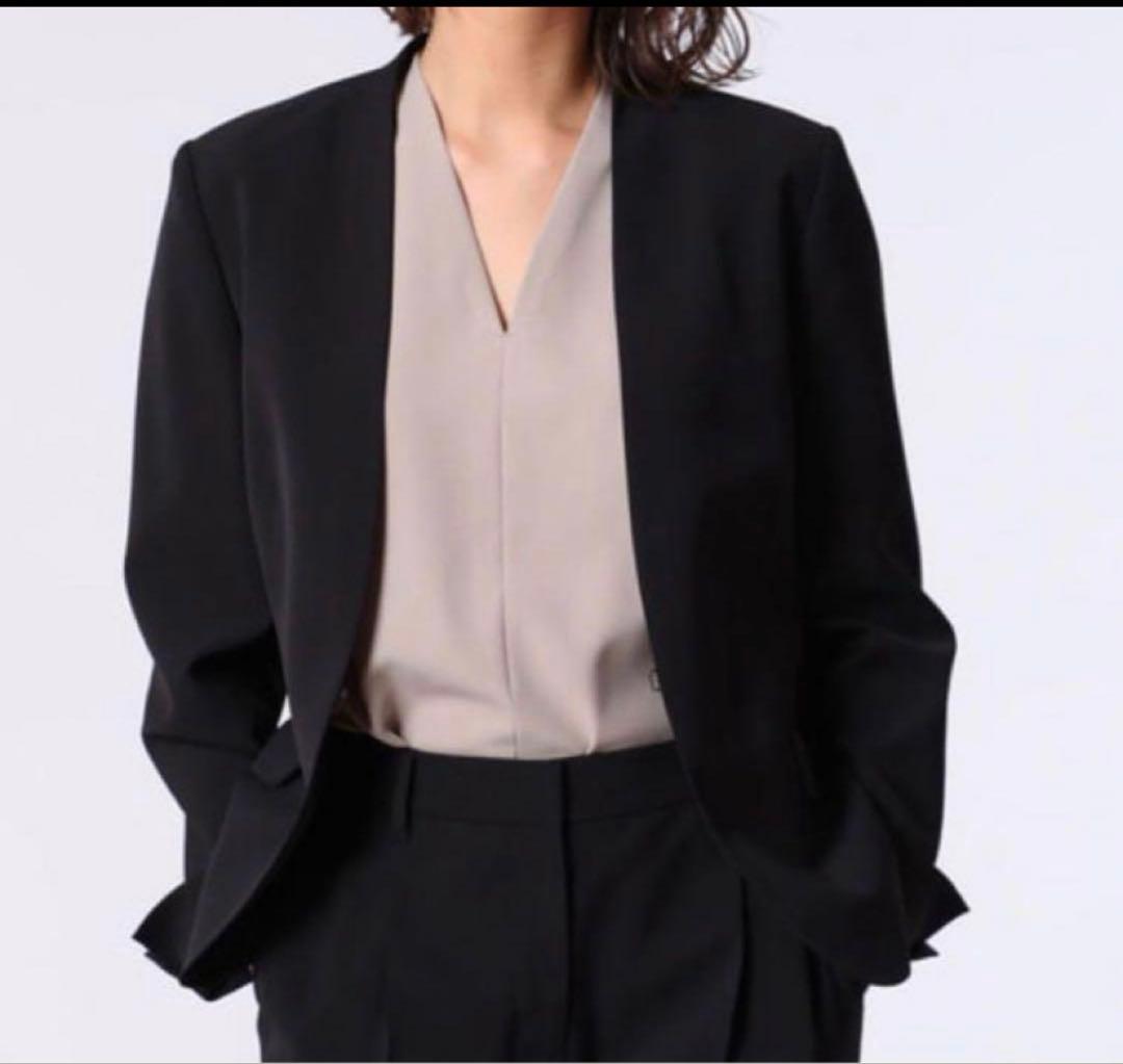 美品 PLST スーツ セットアップ ノーカラー パンツ 洗える ネイビー L