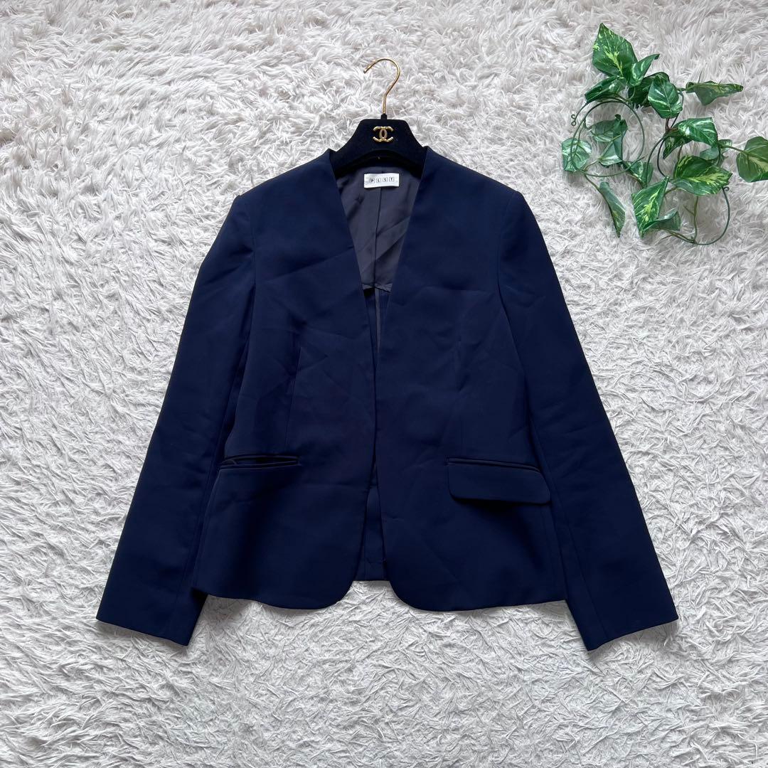 美品 PLST スーツ セットアップ ノーカラー パンツ 洗える ネイビー L
