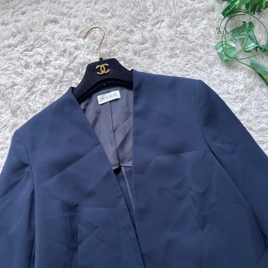 美品 PLST スーツ セットアップ ノーカラー パンツ 洗える ネイビー L