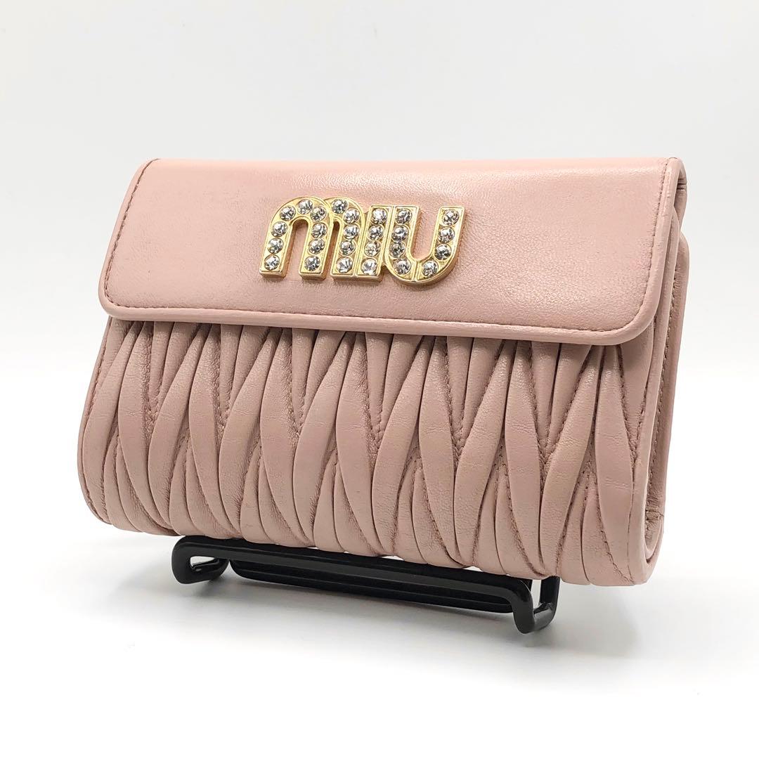 ミュウミュウ マテラッセ 折り財布 クリスタル ビジュー ピンク レザー