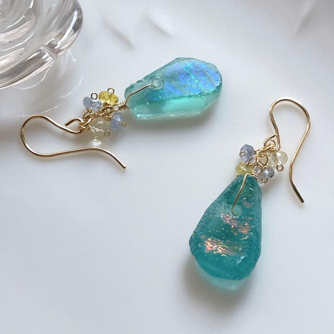 Kaya◆希少ローマングラスピアス✧マルチカラーサファイア/レモンクォーツ