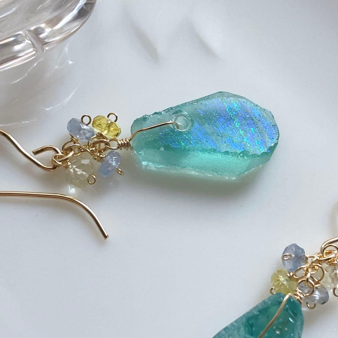 Kaya◆希少ローマングラスピアス✧マルチカラーサファイア/レモンクォーツ