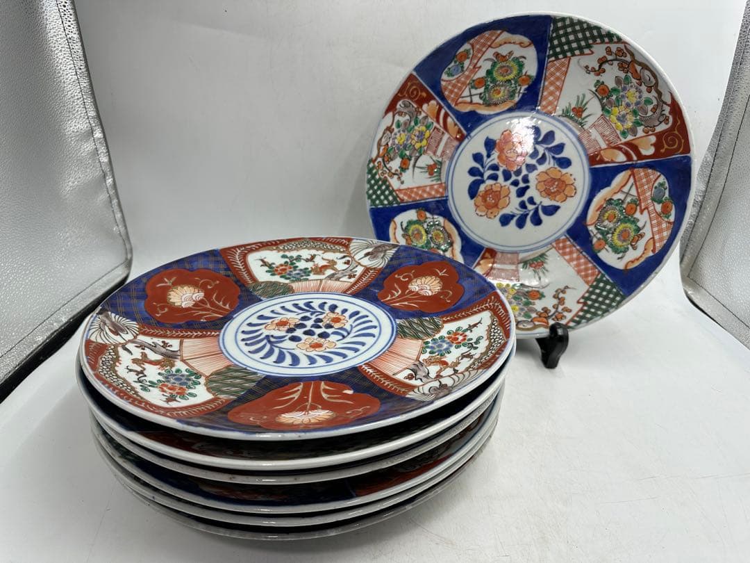 明治頃 古伊万里 有田焼 大皿 染錦牡丹菊花図 山徳窯印 直径30cm飾皿 6枚