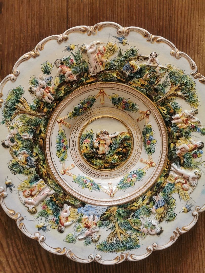 アンティーク カポディモンテ ラージデコレーションプレート 深大皿 子供達の収穫