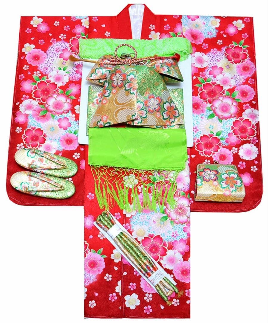 1点限り　七五三 着物 7歳 女の子 正絹着物フルセット　桜柄　赤