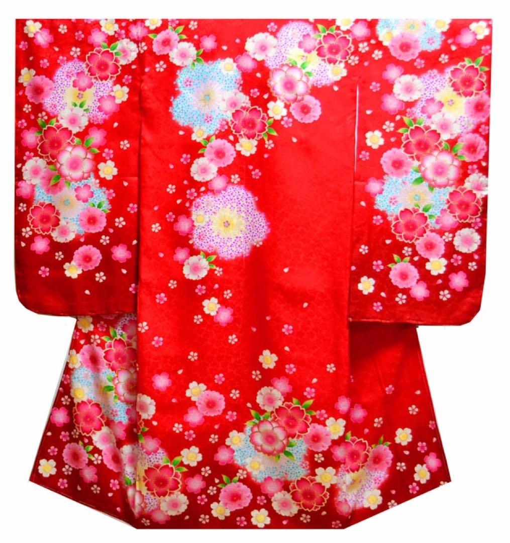 1点限り　七五三 着物 7歳 女の子 正絹着物フルセット　桜柄　赤