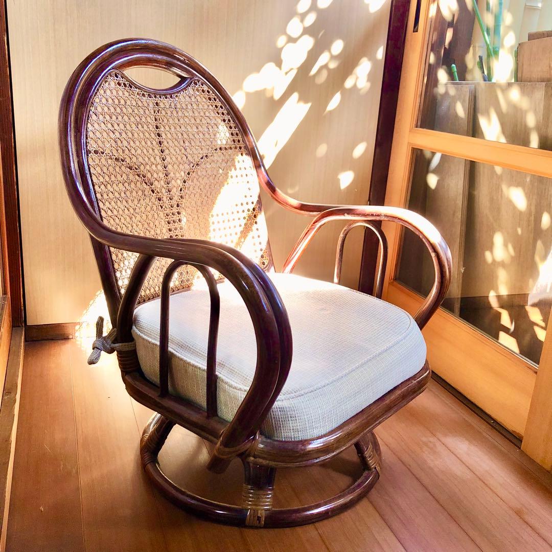 回転椅子ラタンチェア 籐 アジアンヴィンテージ アンティーク木製ブラウン 麻
