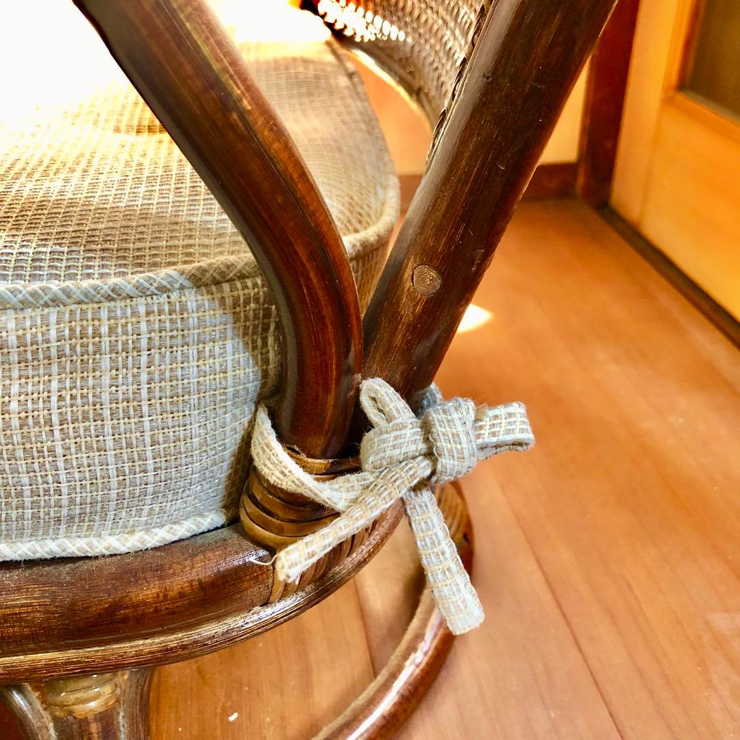 回転椅子ラタンチェア 籐 アジアンヴィンテージ アンティーク木製ブラウン 麻
