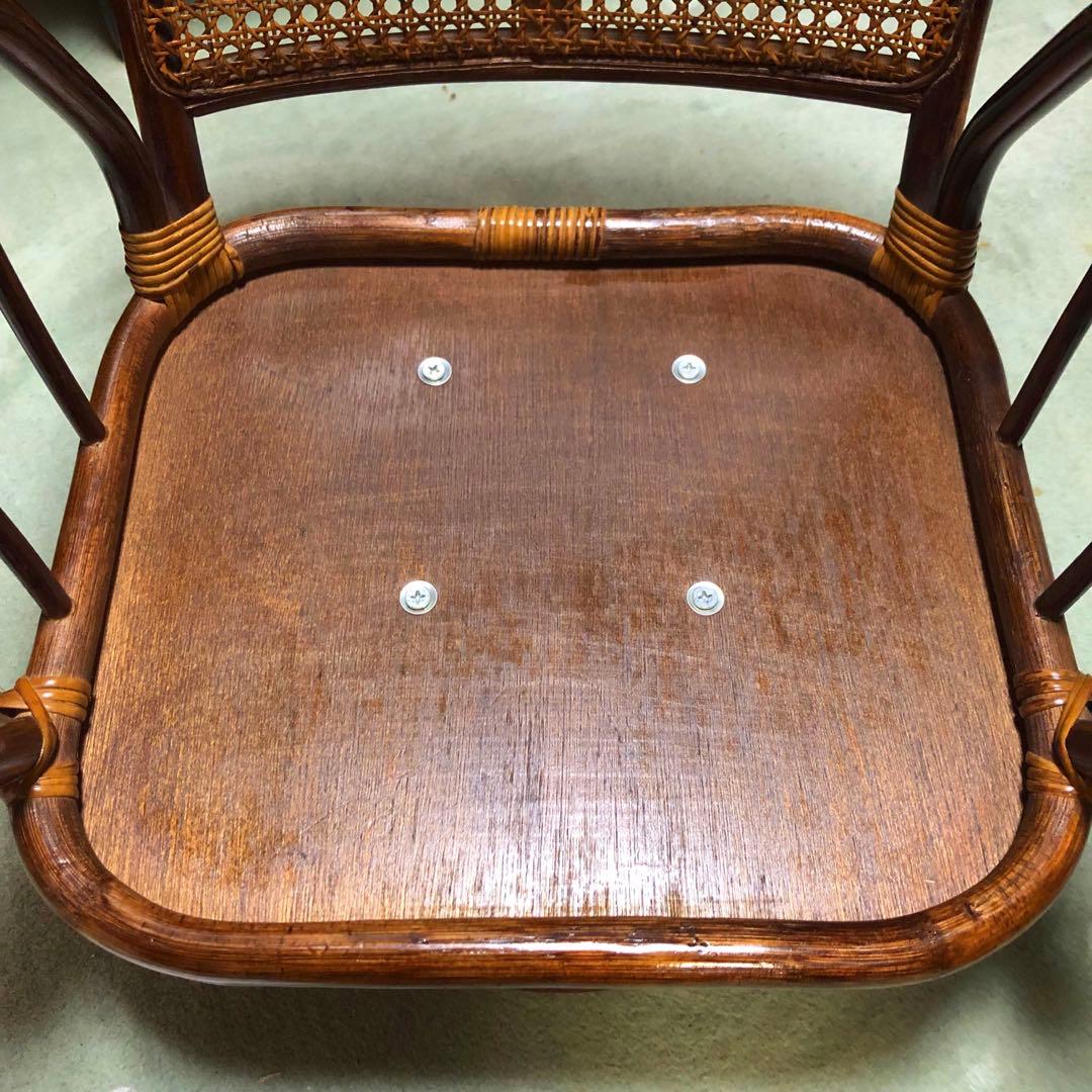 回転椅子ラタンチェア 籐 アジアンヴィンテージ アンティーク木製ブラウン 麻