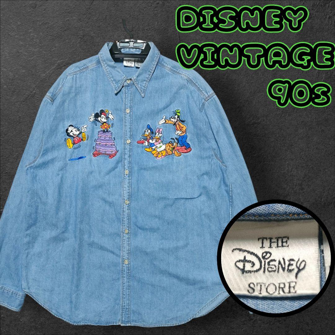 【90s香港製】ディズニー デニムシャツ 刺繍 ミッキー XL オールド古着