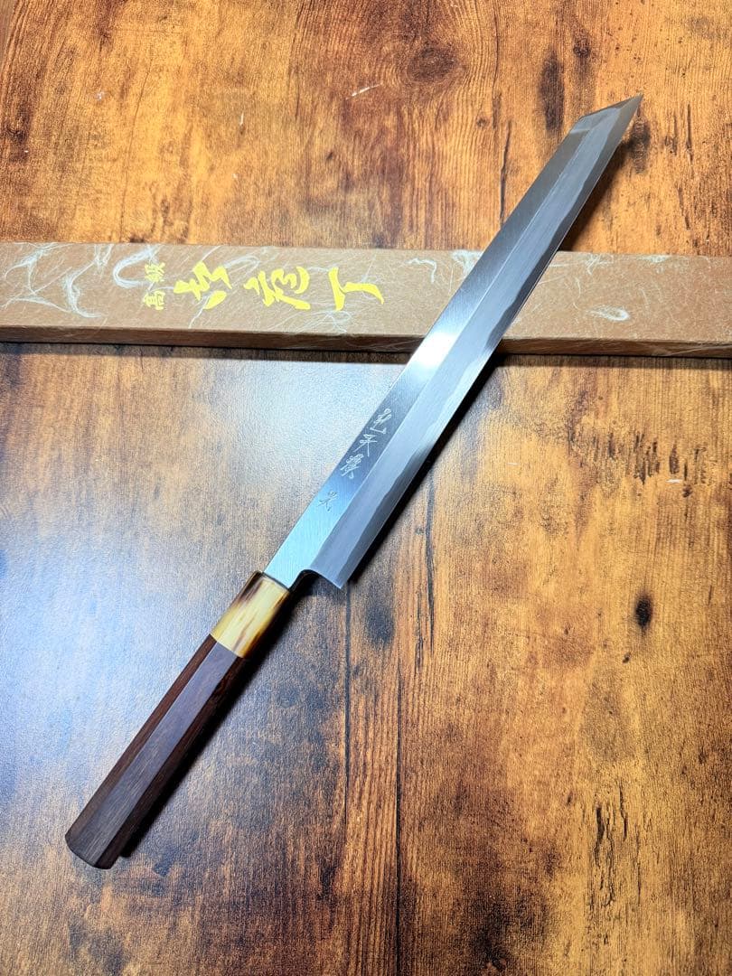 森本光一作　刺身　切付　白一鋼 尺　紫檀白水牛八角柄
