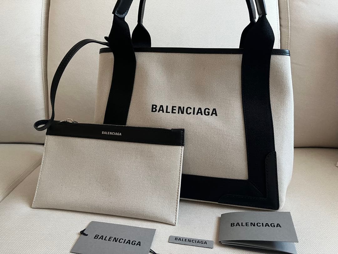【BALENCIAGA】ネイビーカバSサイズ／ベージュ／トートバッグ
