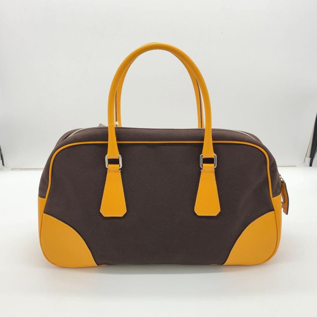 PRADA 三角ロゴプレート キャンバス レザー ミニボストン ハンドバッグ