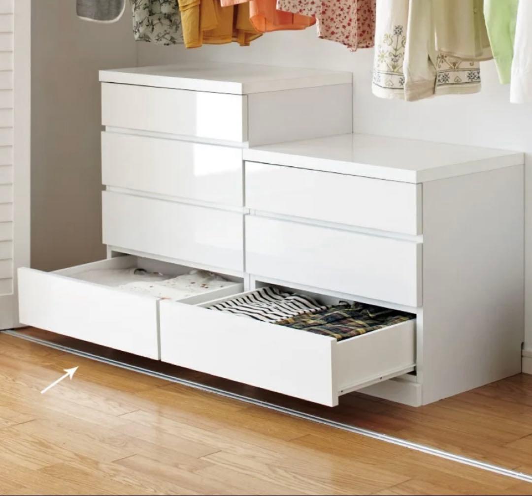 【日本製】ディノス 前面光沢＆引き出し内部化粧チェスト ホワイト　4段