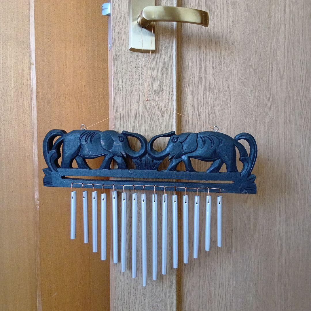 レア　希少　象　木彫り　ウィンドチャイム　玄関　ゾウ　木製　菅　ドアベル　黒