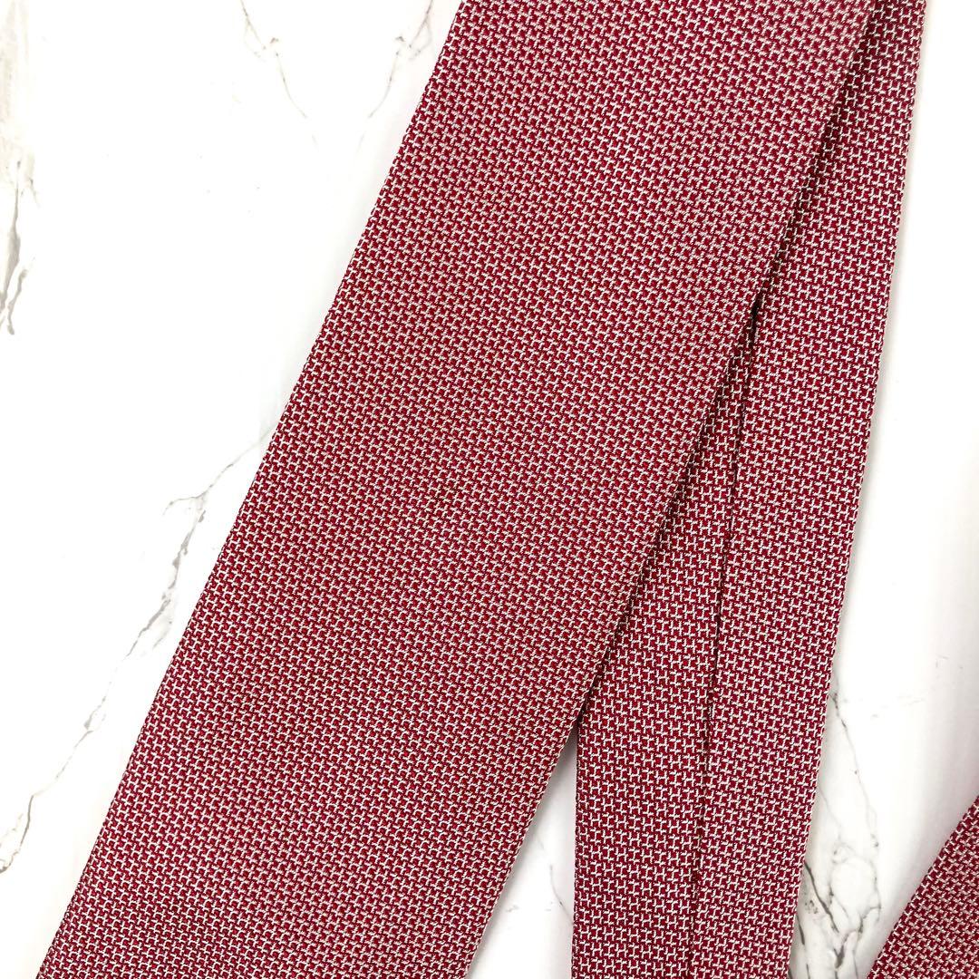 HERMES エルメス　ネクタイ　H柄　H織　ジャガード　光沢　レッド