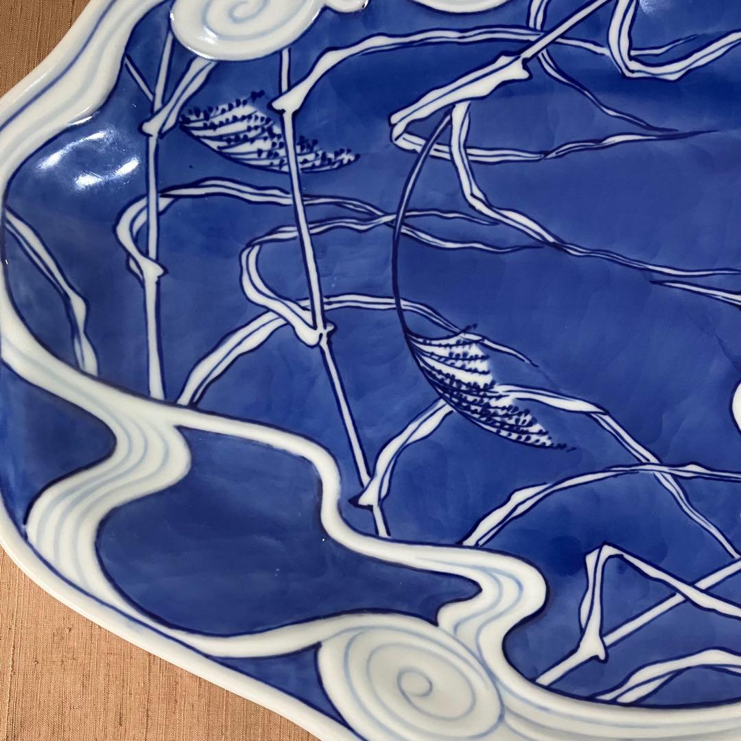 辻精磁社　14代　辻常陸　大皿　染付流水白鷺文　飾り皿 有田焼　辻製