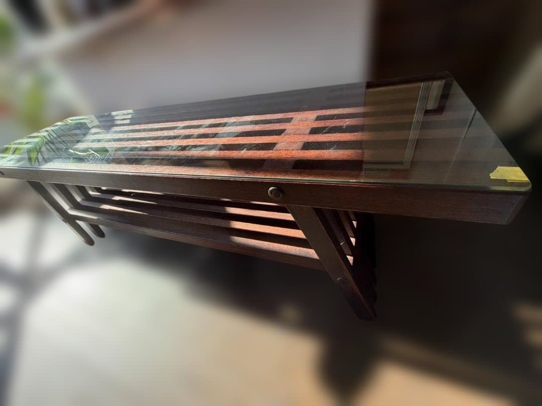 和モダン 木製 ガラステーブル ローテーブル 格子デザイン 古家具 店舗什器