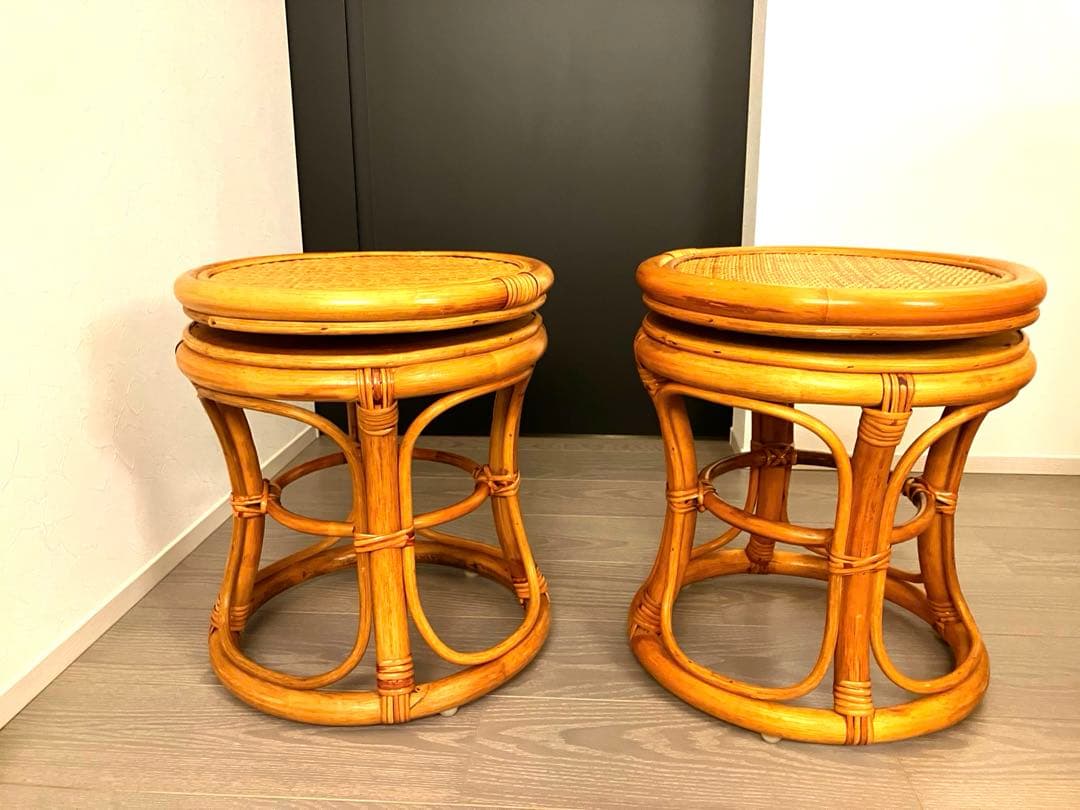 良品 天然ラタン 回転スツール2脚セット 昭和レトロ 丸椅子 椅子 ヴィンテージ