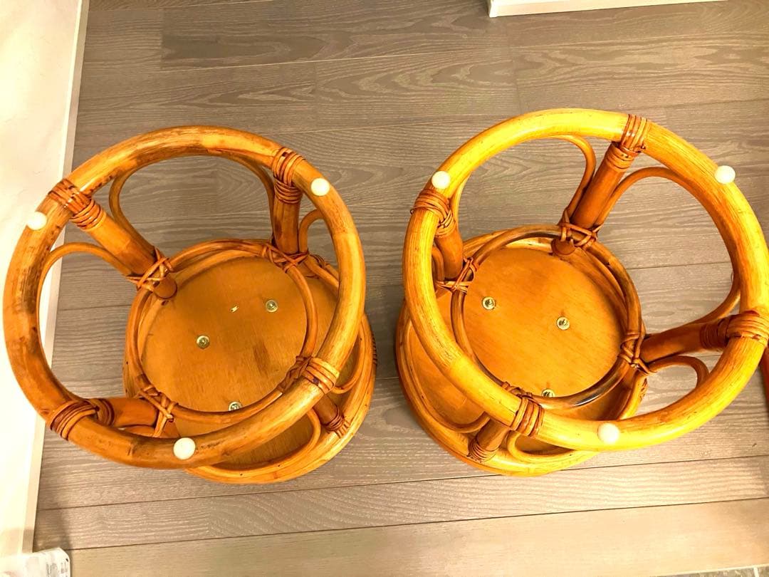 良品 天然ラタン 回転スツール2脚セット 昭和レトロ 丸椅子 椅子 ヴィンテージ