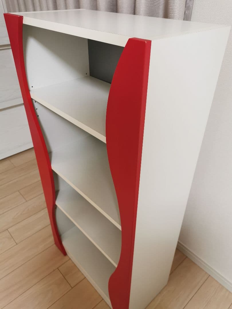 棚　本棚　波形デザイン木製ラック 4段 赤白　レトロ　高橋木工所　東京インテリア