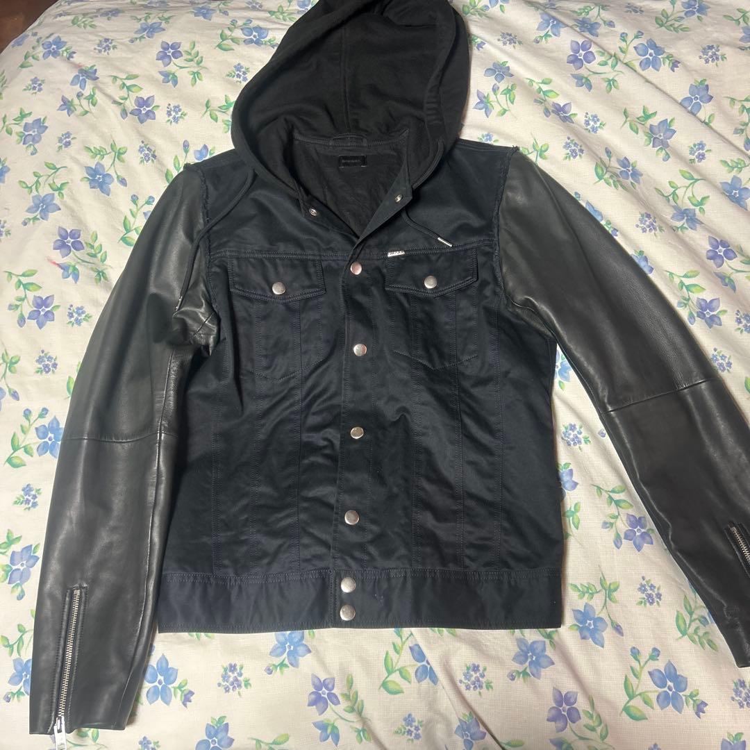 DIESEL フード付きデニムジャケット 黒 デニム レザー