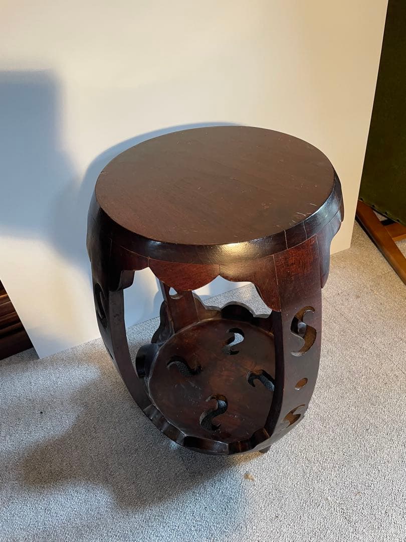 中華風 花台 飾り台 スツール 木製 透かし彫り アンティーク調