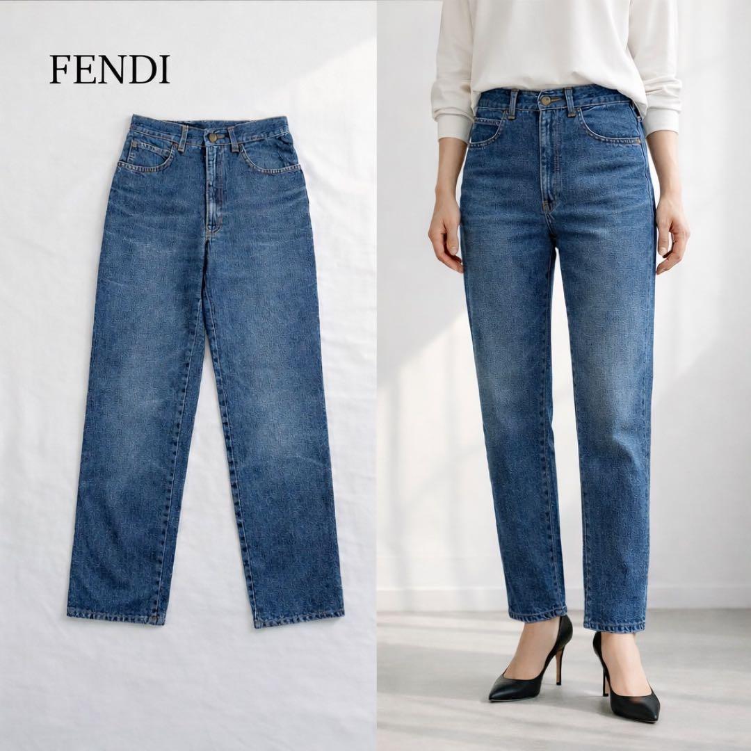 P78 美品 L フェンディ ロゴボタン デニムパンツ インディゴ レディース