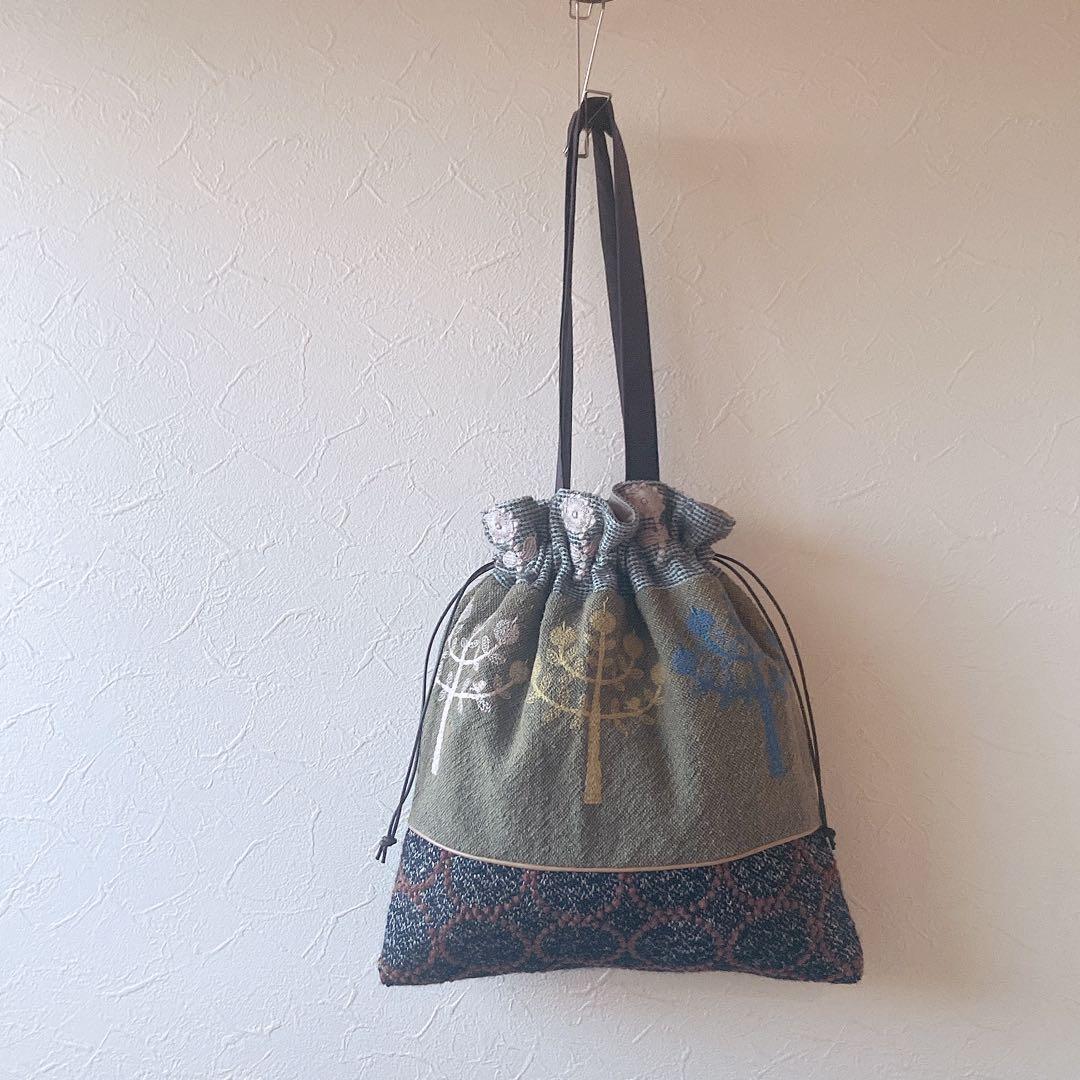 khaki mix 巾着バッグ　ミナペルホネン　ハンドメイド