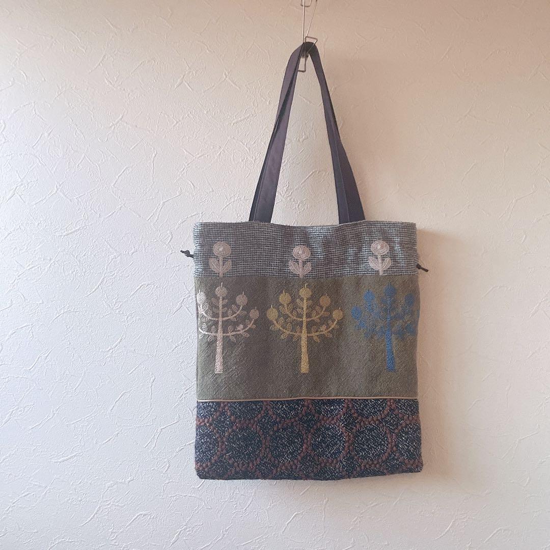 khaki mix 巾着バッグ　ミナペルホネン　ハンドメイド