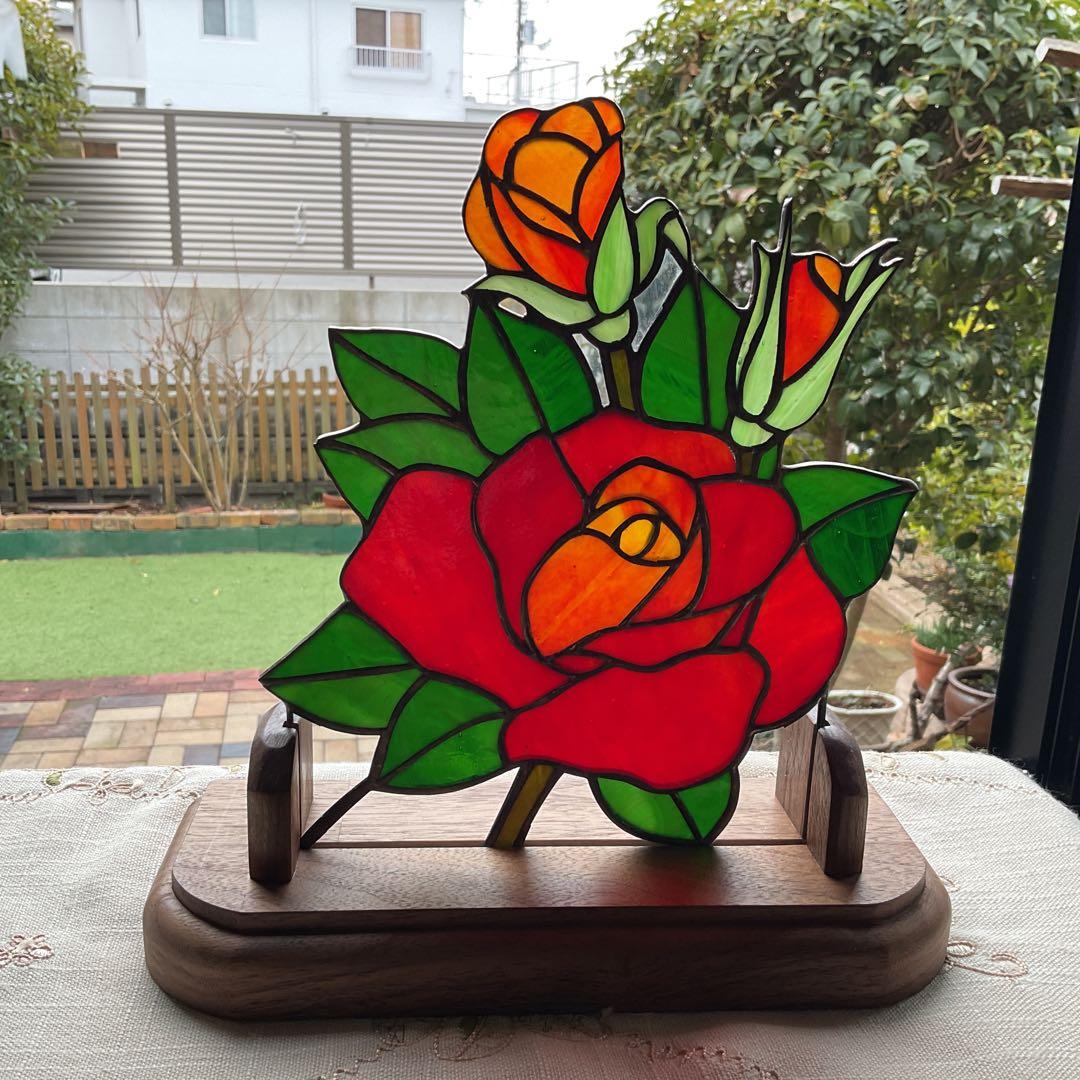 ステンドグラスパネル　バラ(レッド)