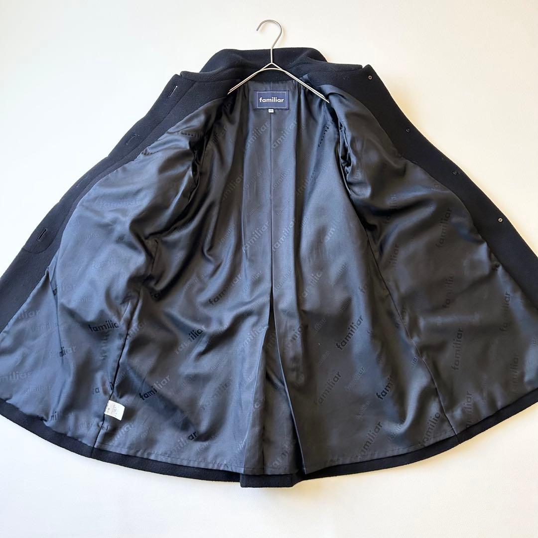 3029y美品 ファミリア 丸襟ウールフレアロングコート 紺 130 お受験