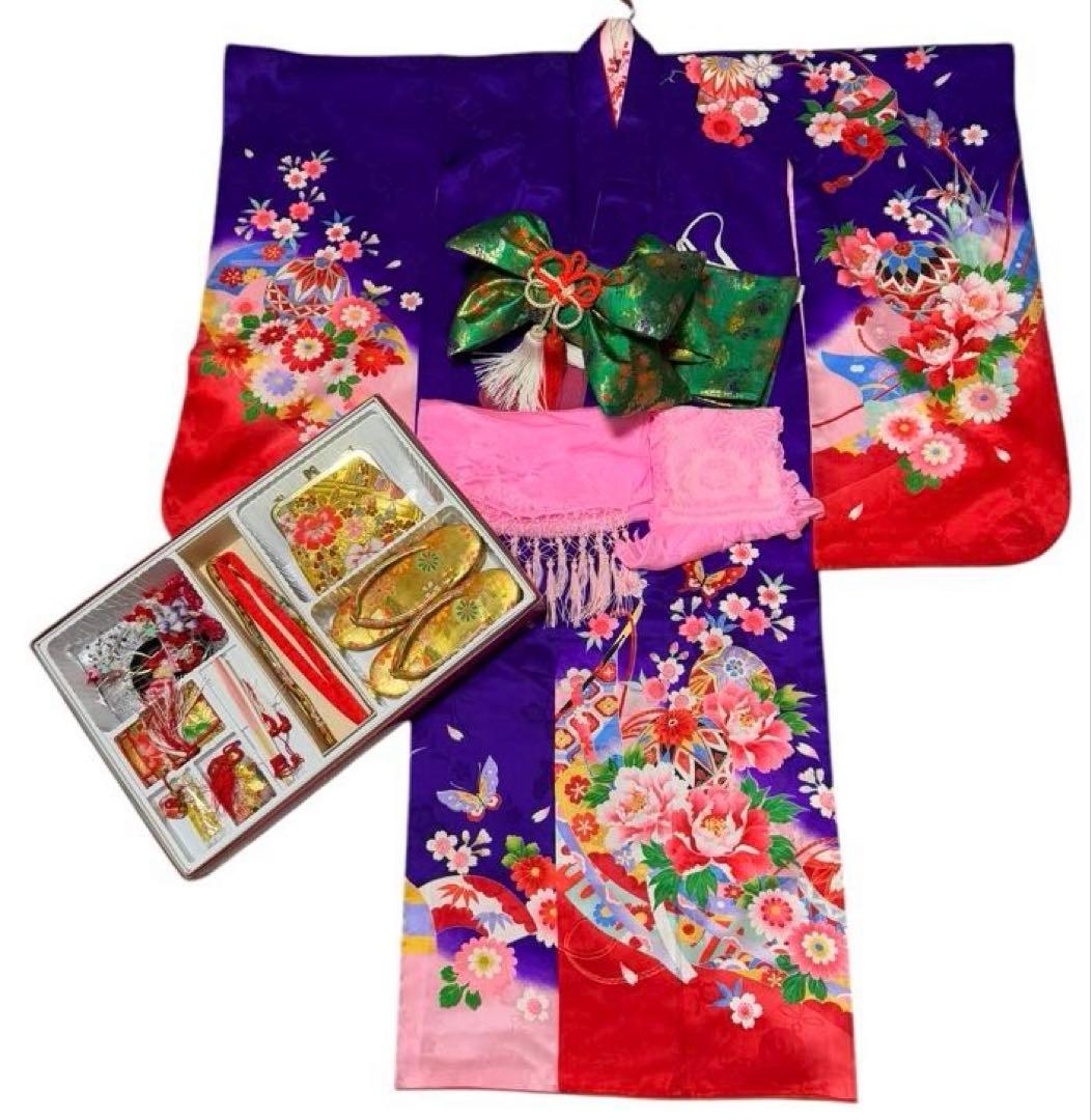 七五三　7歳向けお子様　ほぼフルセット　青系セット　正絹