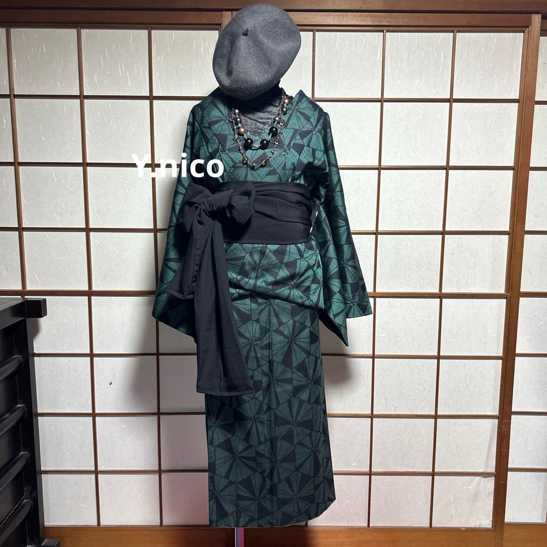 M 着物リメイク 正絹 黒緑 紬 簡単二部式巻スカセットアップ