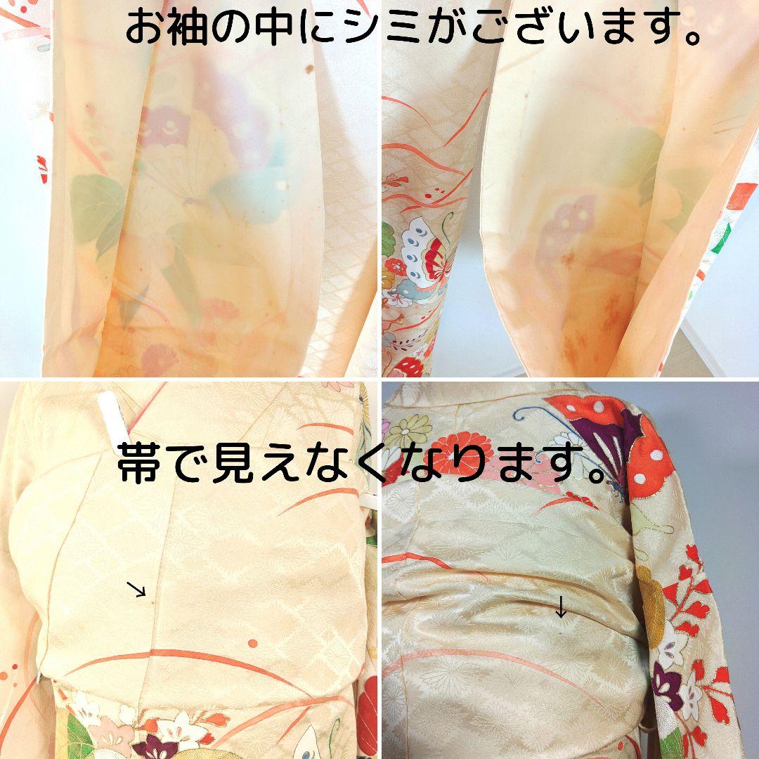 格安！　振袖フルセット　8点　成人式　結婚式　前撮り　蝶々　クリーム色　袋帯　白